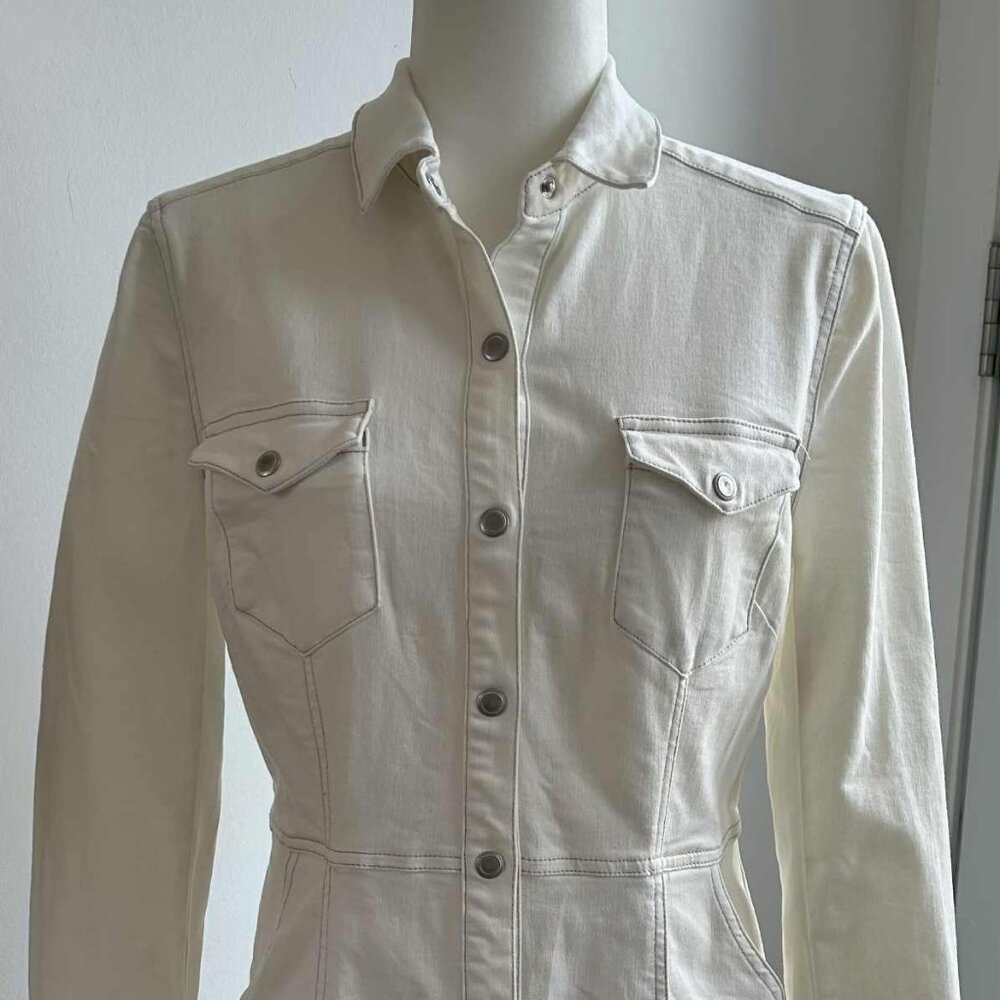 Free People Ivory Stretch Denim Mini Shirt Dress w/ Snap Front & Pockets – US S